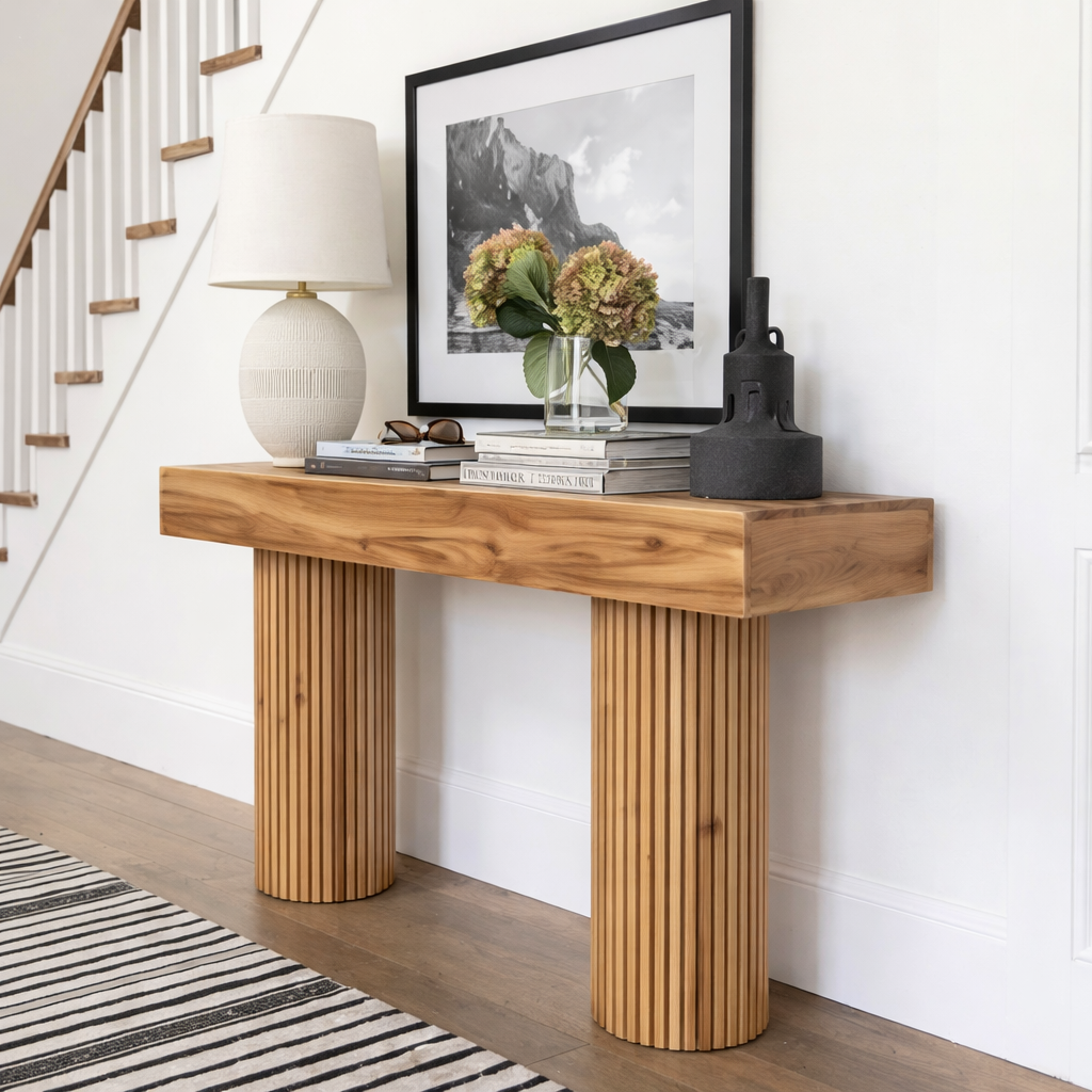 Modern Natural Wood Console Table With Fluted Columns And Open Storage For Living Room