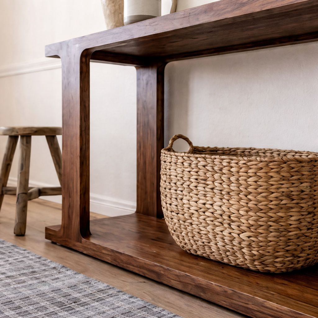 Modern Natural Wood Console Table With Open Shelf And Minimalist Design For Living Room