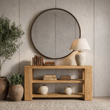 Modern Natural Wood Console Table With Open Shelves And Thick Frame For Living Room