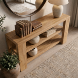 Modern Natural Wood Console Table With Open Shelves And Thick Frame For Living Room
