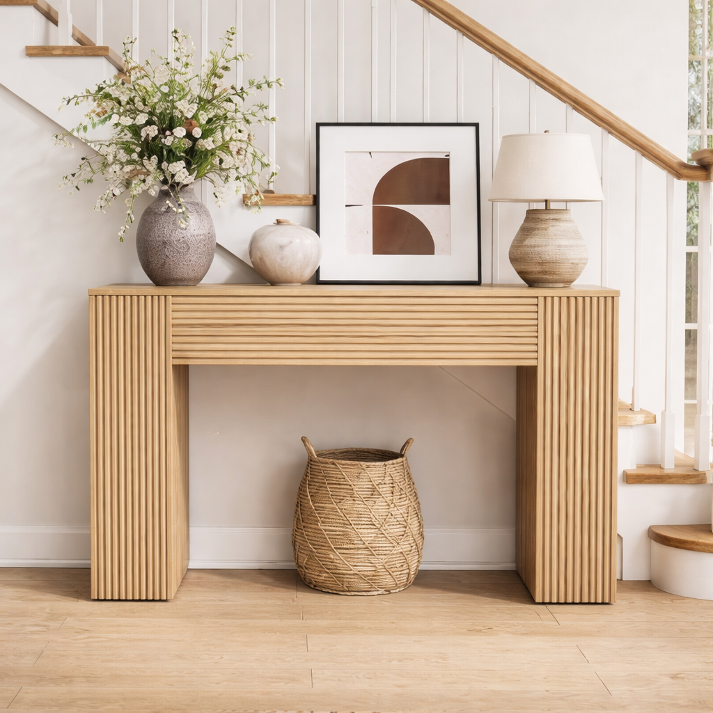 Modern Natural Wood Console Table With Ribbed Front And Open Storage For Living Room