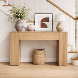 Modern Natural Wood Console Table With Ribbed Front And Open Storage For Living Room