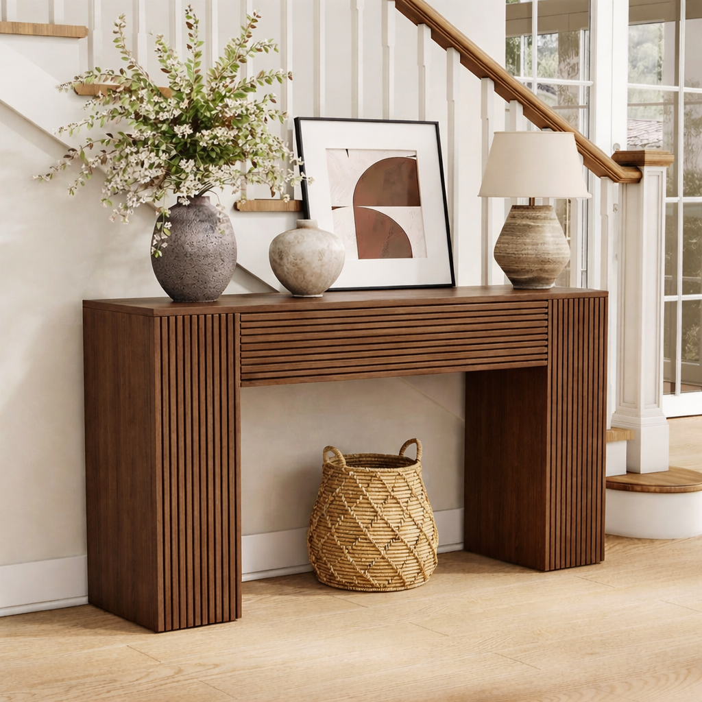 Modern Natural Wood Console Table With Ribbed Front And Open Storage For Living Room