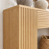 Modern Natural Wood Console Table With Ribbed Front And Open Storage For Living Room