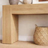Modern Natural Wood Console Table With Ribbed Front And Open Storage For Living Room