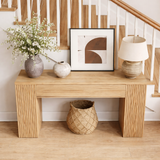 Modern Natural Wood Console Table With Ribbed Front And Open Storage For Living Room