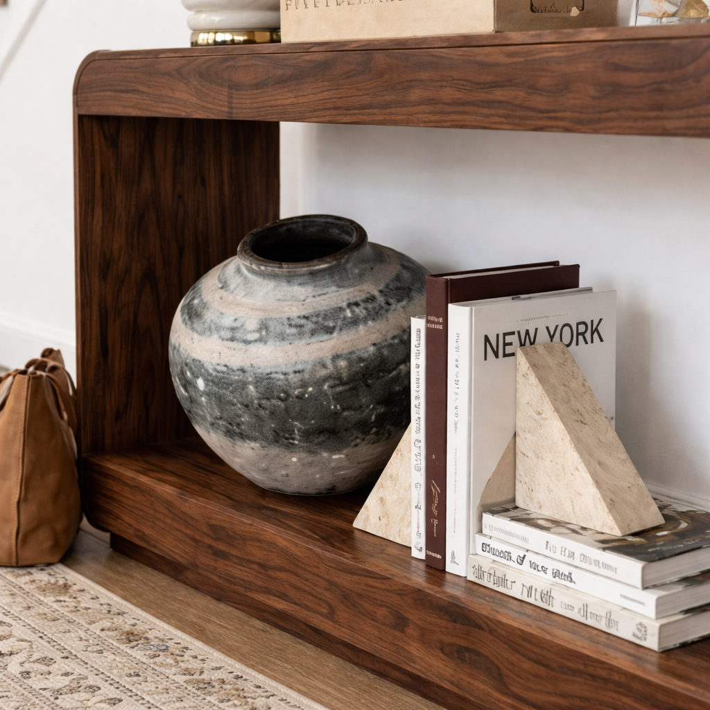Modern Natural Wood Console Table With Rounded Edges And Open Shelf For Living Room