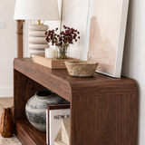 Modern Natural Wood Console Table With Rounded Edges And Open Shelf For Living Room