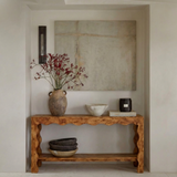 Modern Natural Wood Console Table With Scalloped Edges And Open Shelf For Living Room