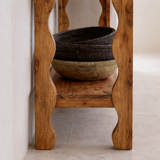 Modern Natural Wood Console Table With Scalloped Edges And Open Shelf For Living Room