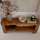 Modern Natural Wood Console Table With Scalloped Edges And Open Shelf For Living Room