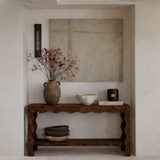 Modern Natural Wood Console Table With Scalloped Edges And Open Shelf For Living Room