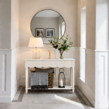 Modern Natural Wood Console Table With Scalloped Edges For Living Room