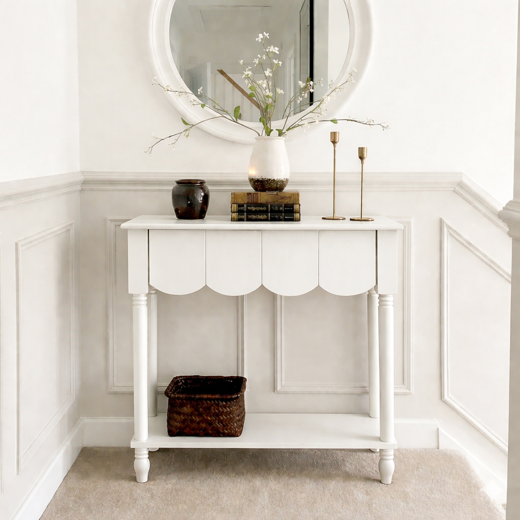 Modern Natural Wood Console Table With Scalloped Edges For Living Room