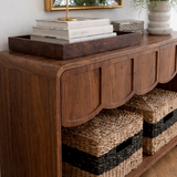 Modern Natural Wood Console Table With Scalloped Front And Storage Shelf For Living Room