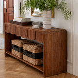 Modern Natural Wood Console Table With Scalloped Front And Storage Shelf For Living Room