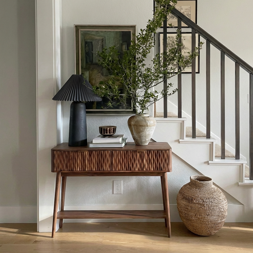 Modern Natural Wood Console Table With Textured Front And Open Shelf For Living Room