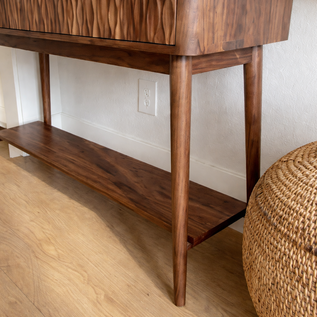 Modern Natural Wood Console Table With Textured Front And Open Shelf For Living Room