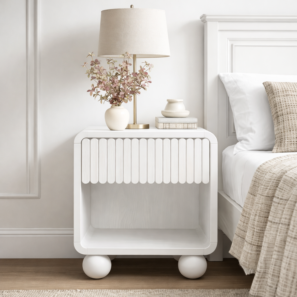 Modern Natural Wood Nightstand With Fluted Drawer Front And Open Shelf For Bedroom
