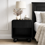 Modern Natural Wood Nightstand With Fluted Drawer Front And Open Shelf For Bedroom