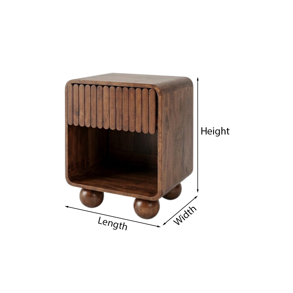 Modern Natural Wood Nightstand With Fluted Drawer Front And Open Shelf For Bedroom