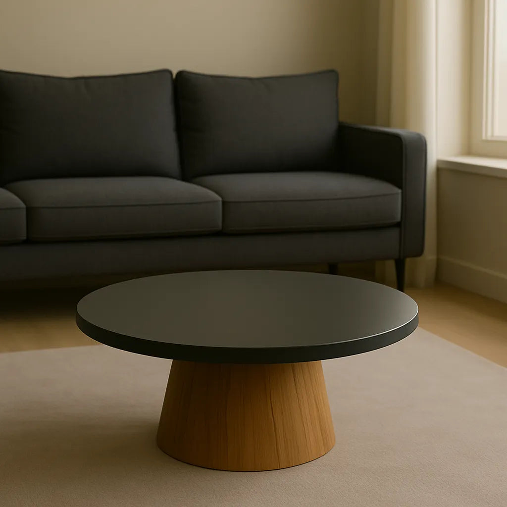 Modern Round Coffee Table Black Top With Wooden Base
