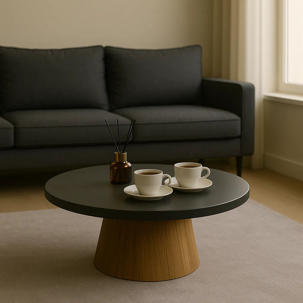 Modern Round Coffee Table Black Top With Wooden Base
