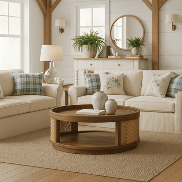 Farmhouse Round Wooden Coffee Table With Rattan Detail