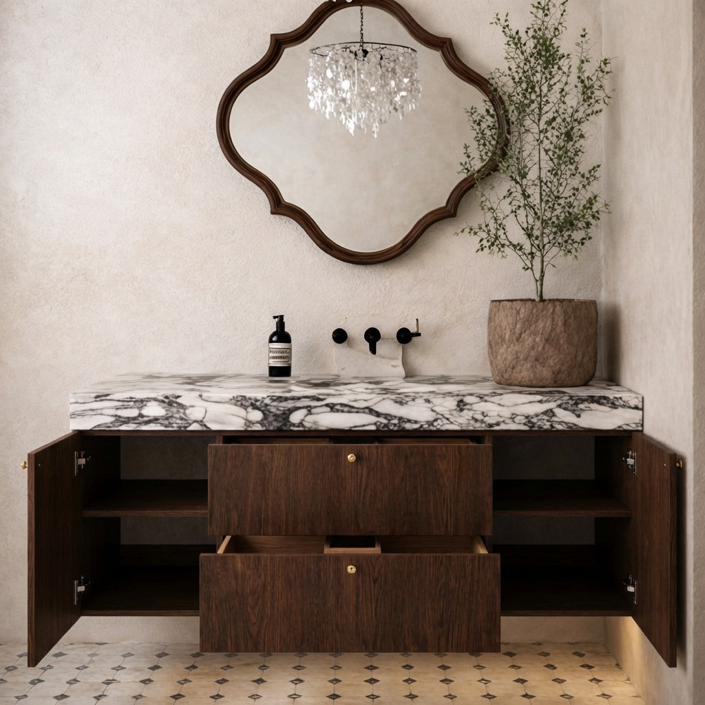 Modern Wooden Bathroom Vanity With Faux Marble Top And Floating Storage