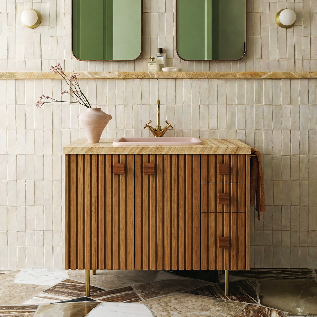 Modern Wooden Bathroom Vanity With Faux Wood Stone Top And Side Drawer Storage For Bathroom