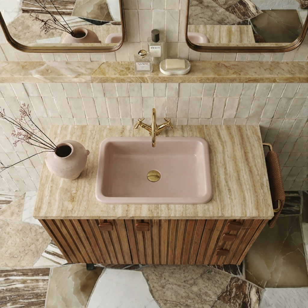 Modern Wooden Bathroom Vanity With Faux Wood Stone Top And Side Drawer Storage For Bathroom