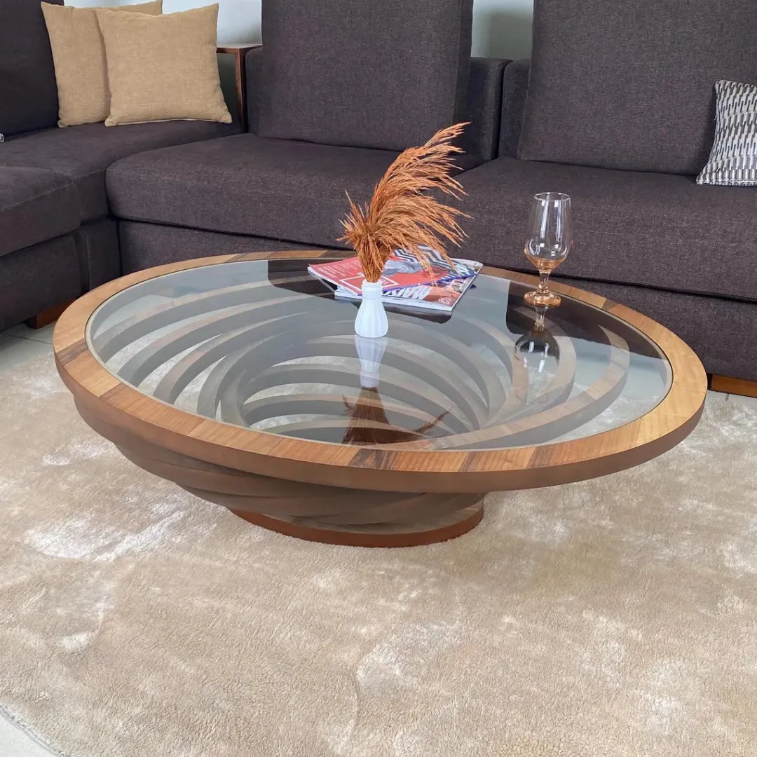 modern natural wood coffee table with glass top and spiral base design 