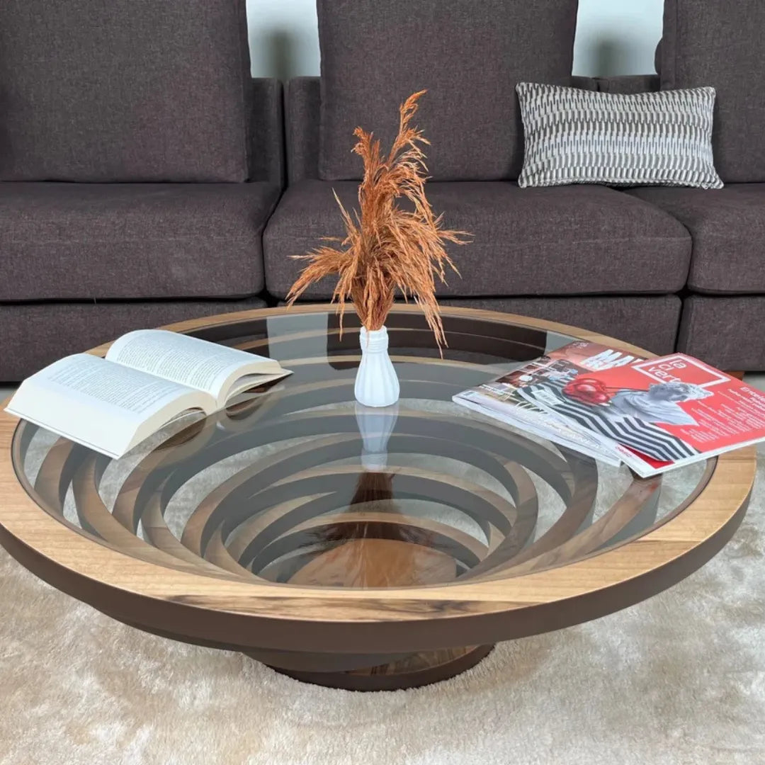 modern natural wood coffee table with glass top and spiral base design 