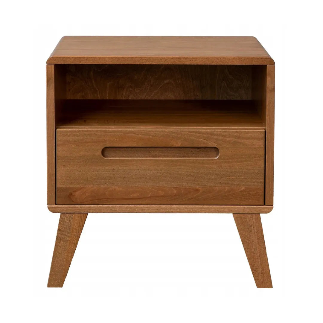 modern walnut nightstand with open storage and sleek design