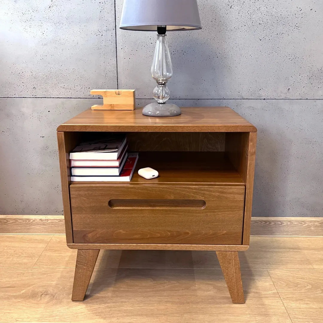 modern walnut nightstand with open storage and sleek design