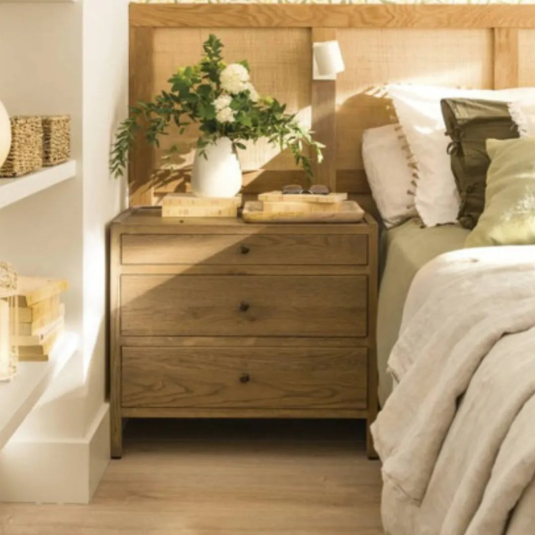 modern wooden nightstand with three drawers and bronze knobs