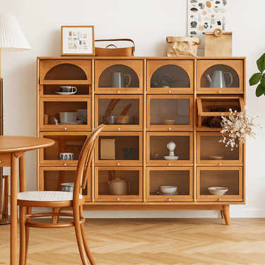Multi-Compartment Wooden Display Sideboards With Glass Doors For Dining Room