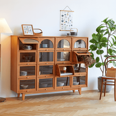 Multi-Compartment Wooden Display Sideboards With Glass Doors For Dining Room