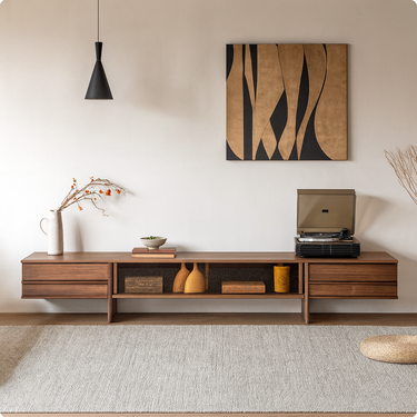 Mid-Century Ash Wood TV Stand With Sliding Doors For Living Room