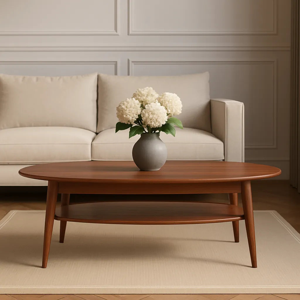 Oval Wooden Coffee Table With Lower Shelf For Living Room