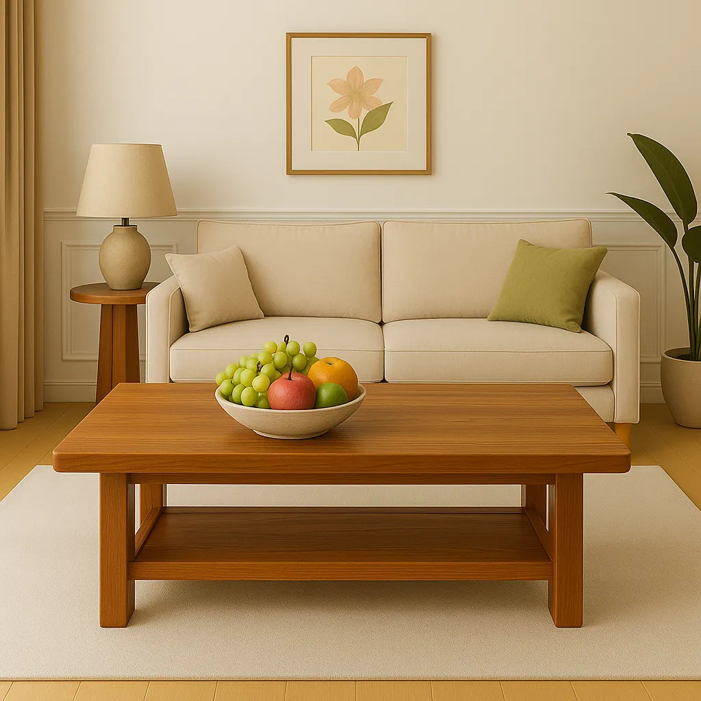Rectangular Wooden Coffee Table With Lower Storage Shelf