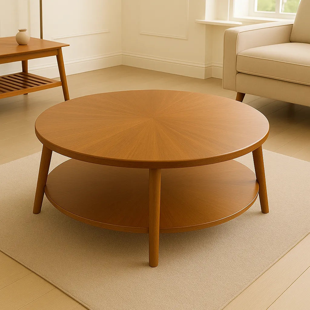Round Wooden Coffee Table With Lower Shelf