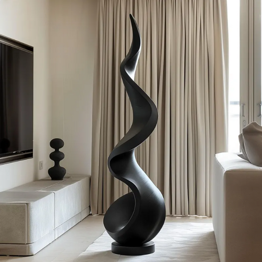 Tall Black Wooden Abstract Sculpture – Handmade Modern Swirling Flame Design | Solid Wood Floor Art Statement Decor