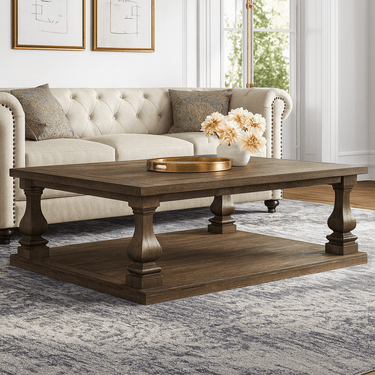 Rustic French Country Solid Wood Coffee Table With Turned Legs