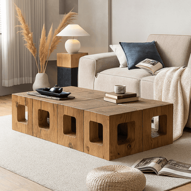 Rustic Pine Solid Wood Live Edge Block Coffee Table For Living Room
