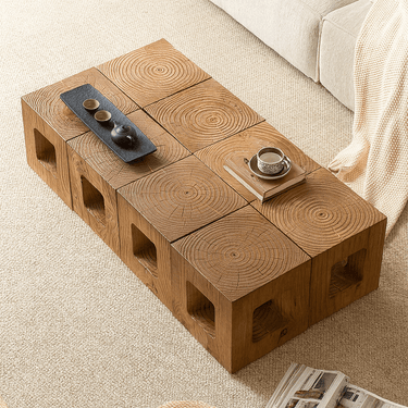 Rustic Pine Solid Wood Live Edge Block Coffee Table For Living Room