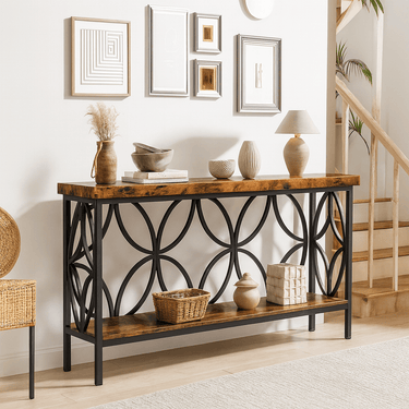 Rustic Pine Solid Wood With Metal Base Console Table For Entryway