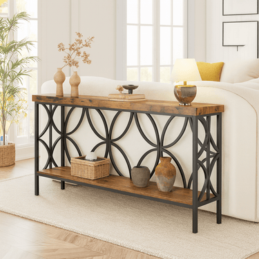 Rustic Pine Solid Wood With Metal Base Console Table For Entryway