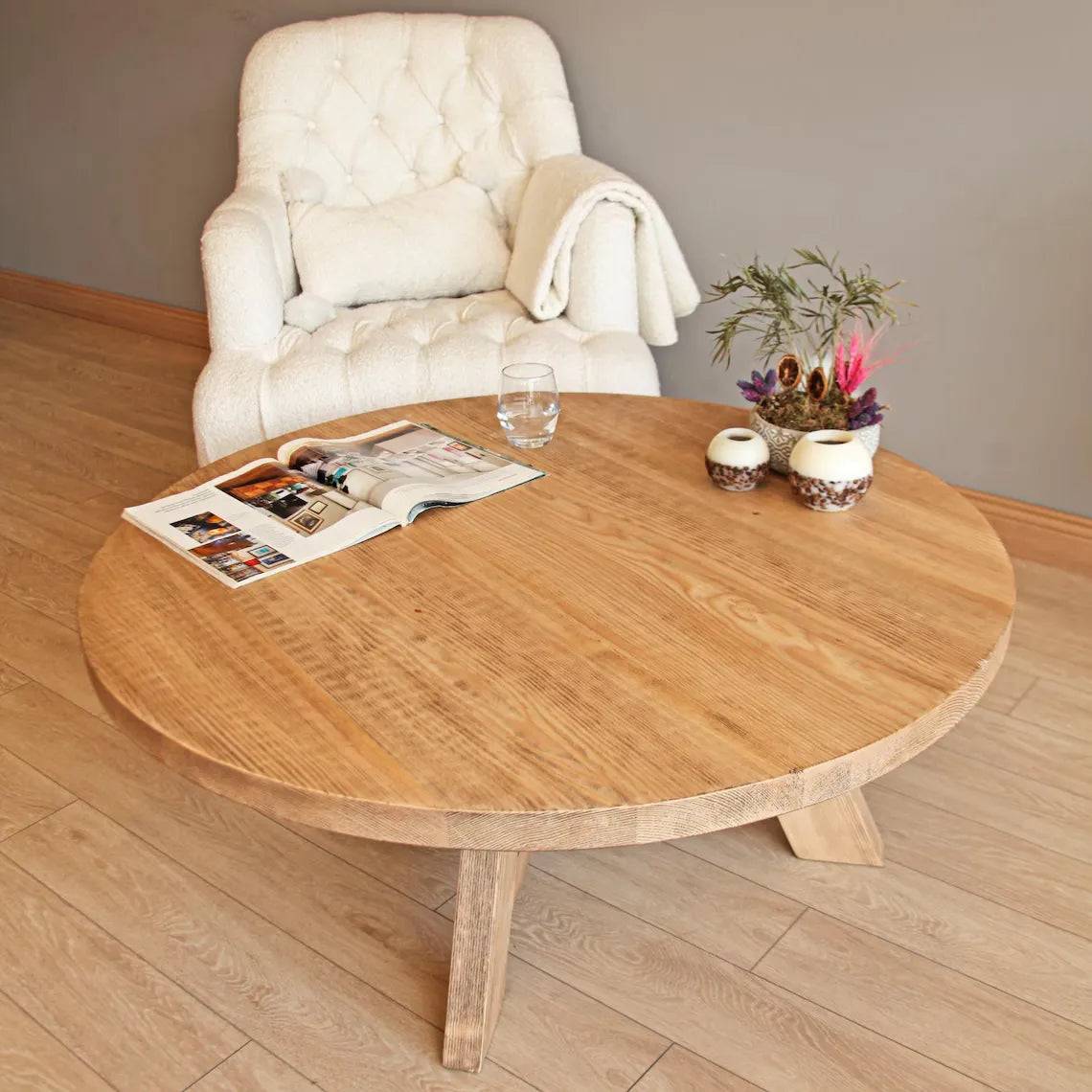 rustic round coffee table with minimalist design