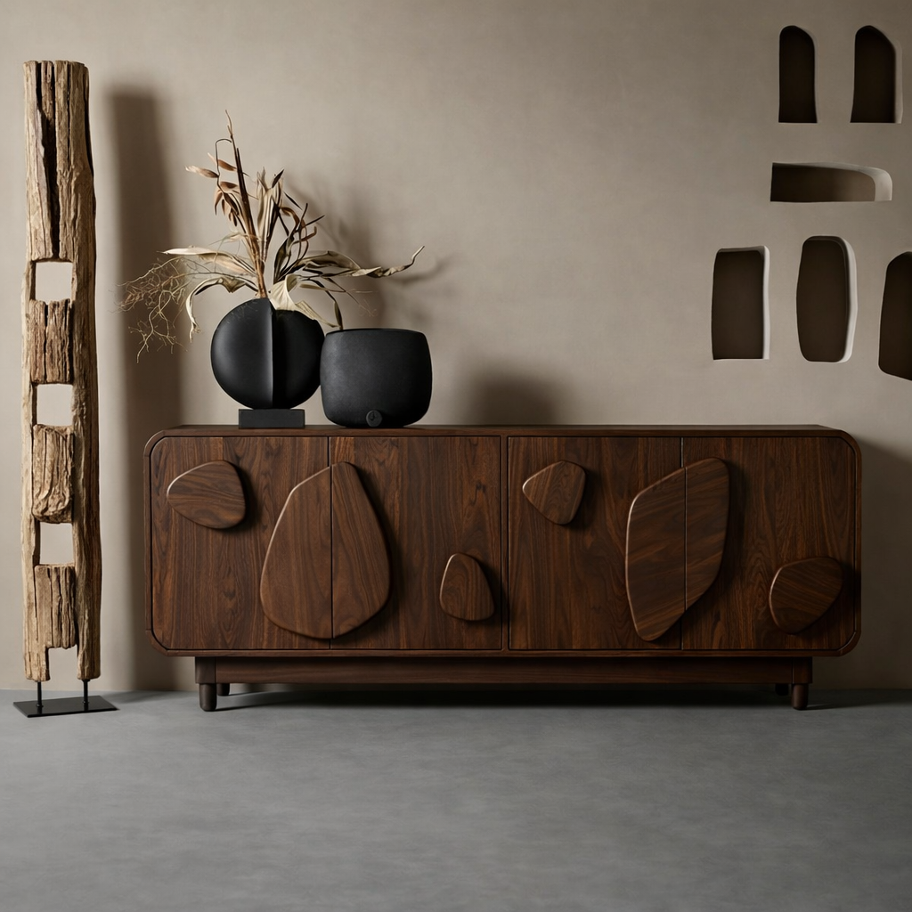 Scandinavian Cabinet With Carved Wood Elements And Softly Rounded Edges For Living Room